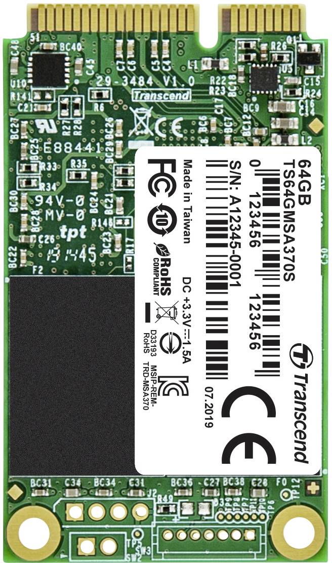 Eine 64GB Transcend mSATA SSD mit Modellnummer TS64GMSA370S. Die Platine zeigt elektronische Komponenten und Anschlüsse.