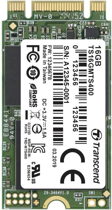 M.2 SSD, 16GB, Modell TS16GMT5400 von Transcend, mit Seriennummer, CE- und FCC-Kennzeichnungen, hergestellt in Taiwan.