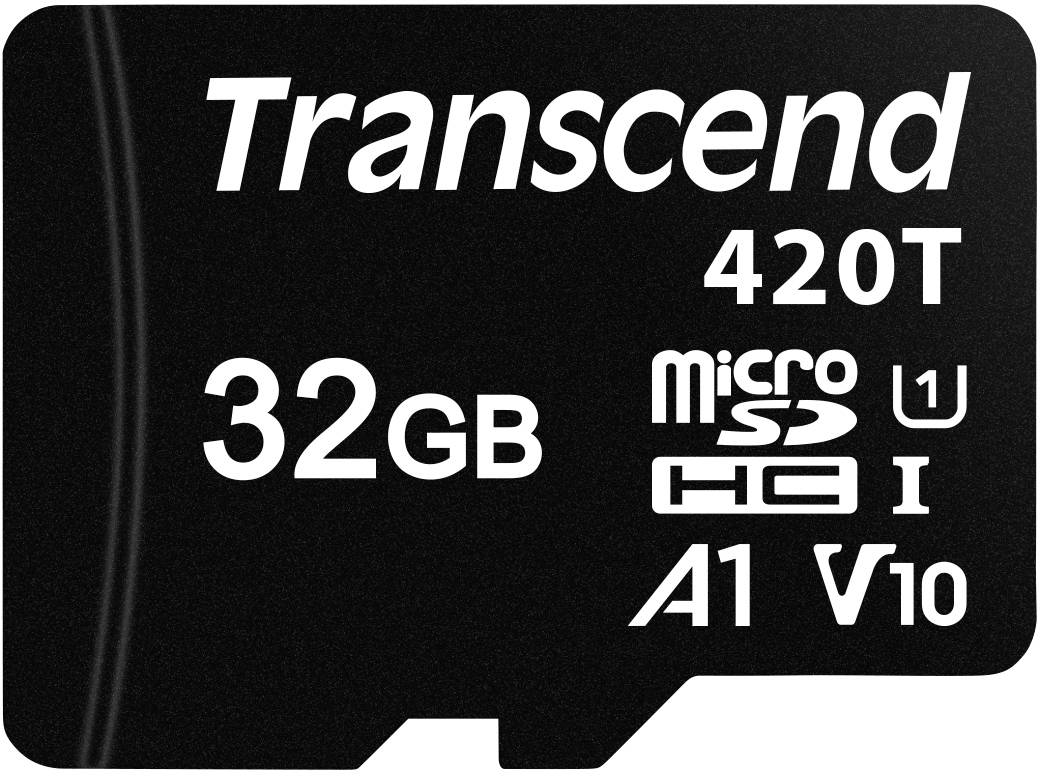 'Transcend 420T' microSD-Karte mit 32 GB Kapazität, Geschwindigkeitsklassen U1, A1 und V10, geeignet für Multimedia und Apps.