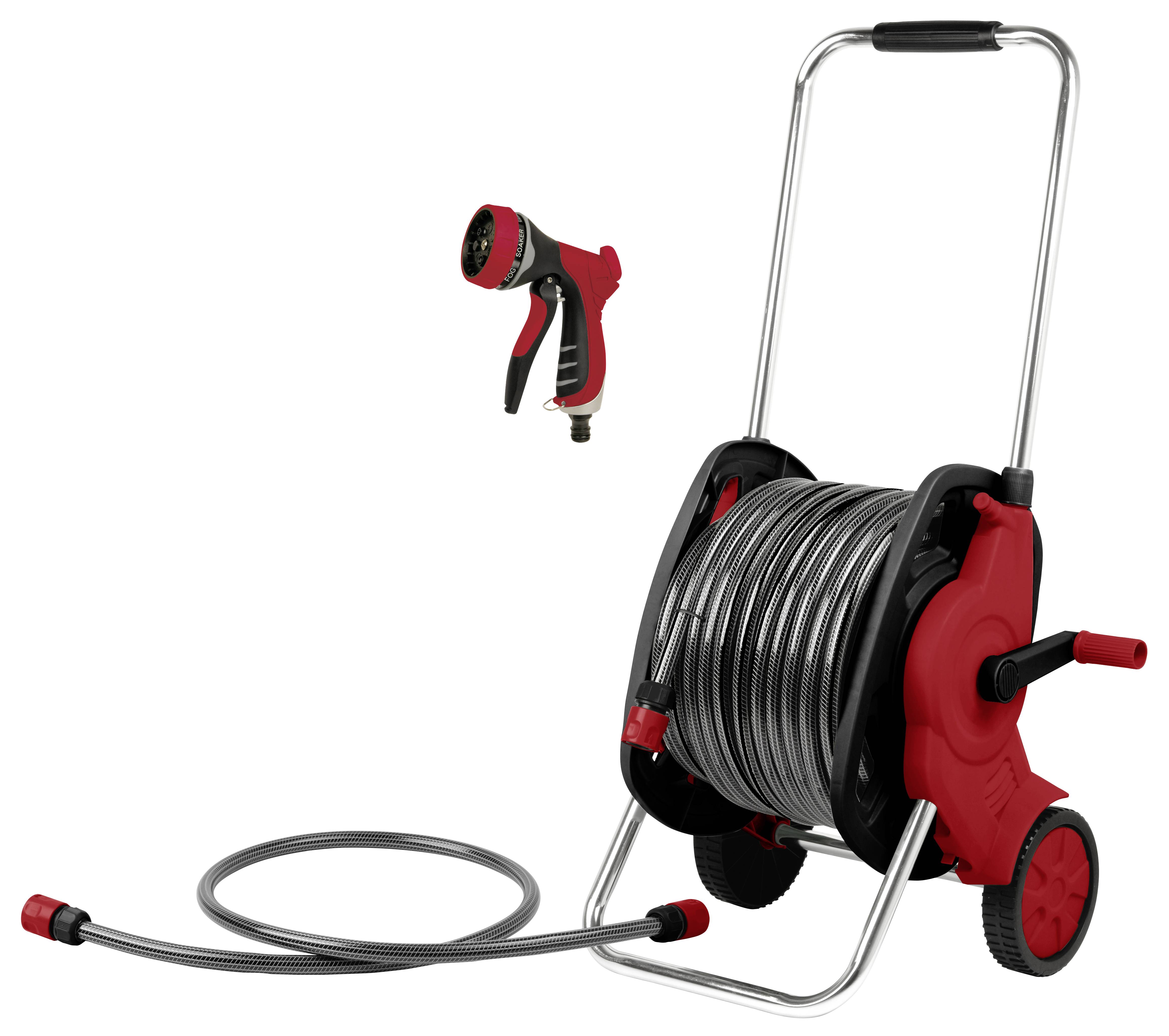 Schlauchwagen mit Schlauch und Sprühdüse. Der Wagen hat ein rotes und schwarzes Design mit Handkurbel und zwei Rädern.