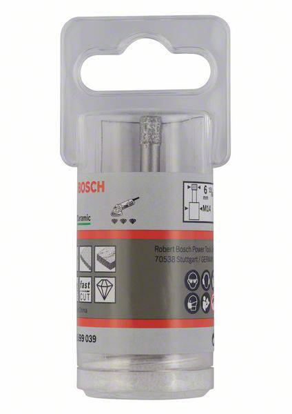 Verpackung eines Bosch Werkzeugs mit runder Metallbohrspitze, geeignet für Keramik und Fliesen. Verpackung zeigt Symbole und Kontaktinformationen.