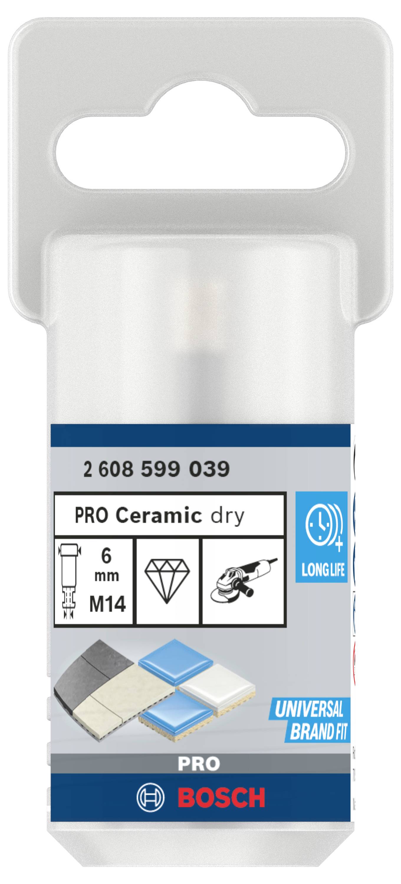 Bohrer-Verpackung von Bosch für PRO Ceramic dry, 6 mm, M14, geeignet für Fliesen und Keramik. Konzipiert für längere Lebensdauer.