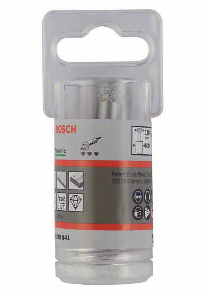 Verpackung einer Bosch-Diamantbohrkrone, geeignet für Keramik. Enthält technische Spezifikationen und Produkthinweise.
