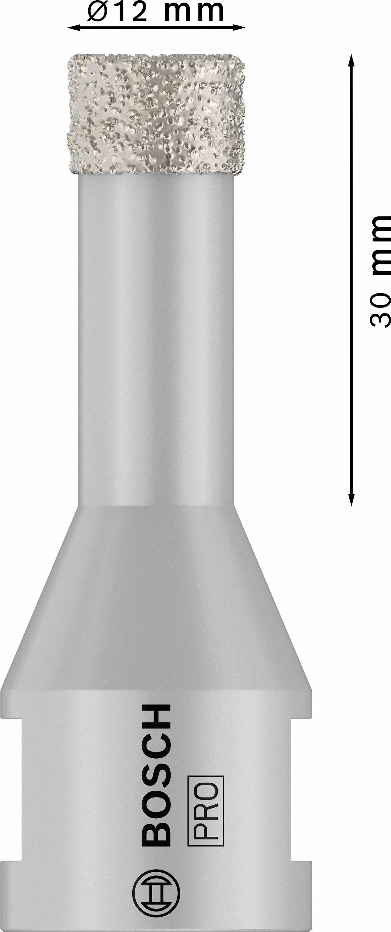 Bohrkrone aus Metall mit 12 mm Durchmesser und 30 mm Länge, Markenname 'Bosch Pro' sichtbar.