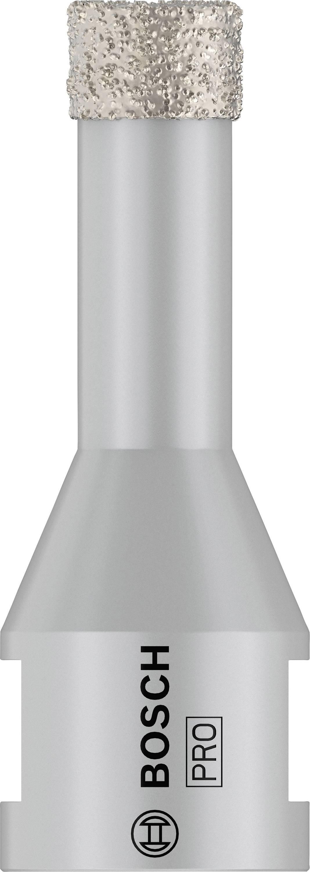 Grauer Bohrkopf mit diamantbeschichtetem Ende und schwarzem Aufdruck 'BOSCH PRO'. Geeignet für exakte Bohrarbeiten in harten Materialien.