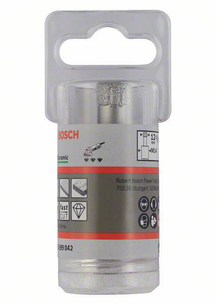 Verpackung eines diamantbeschichteten Bohrers von Bosch, geeignet für Keramik. Enthält Firmenlogo und Produktspezifikationen.
