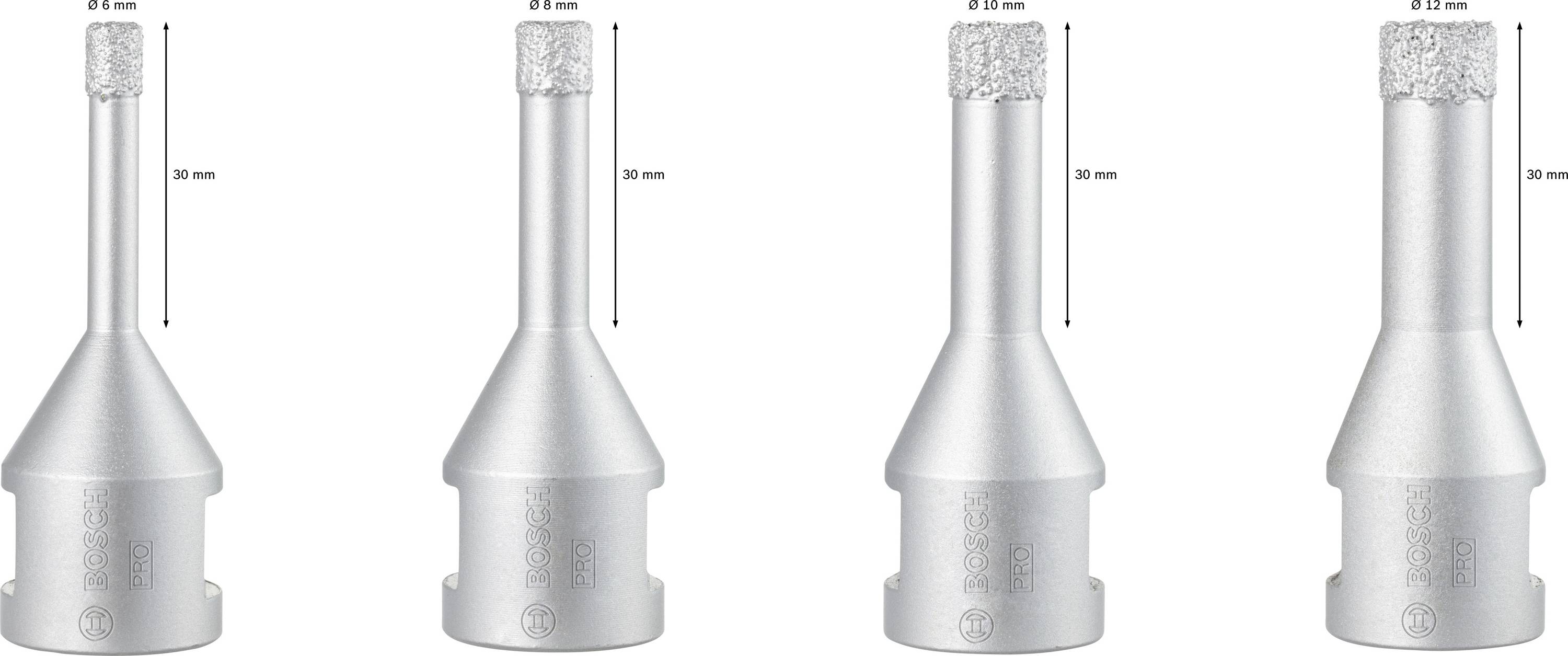 Vier zylindrische Werkzeuge in verschiedenen Größen, alle mit diamantbesetztem Kopf und identischen Längenangaben von 30 mm.