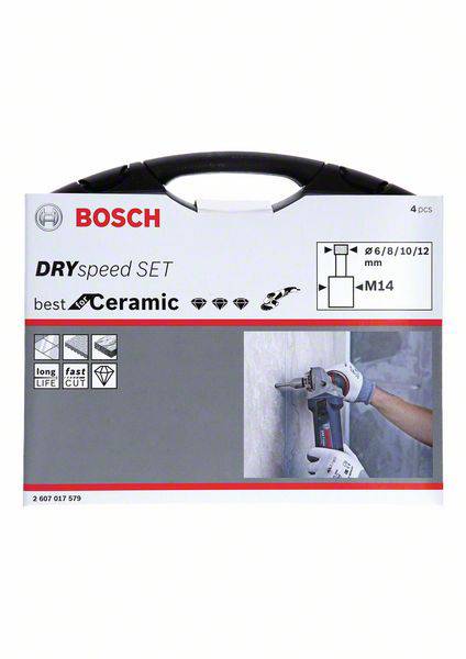 Bosch DRYspeed Set für Keramik, enthält vier Diamantbohrer (Ø6/8/10/12 mm). Hervorhebt schnelle und präzise Schnittleistung.