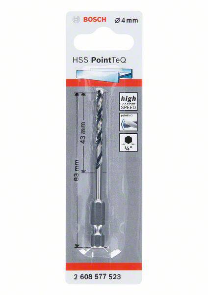 Bohrer von Bosch, HSS PointTeQ, 4 mm Durchmesser, 83 mm Länge. Verpackung zeigt Maße und geeignetes Material für schnelle Bohrung.