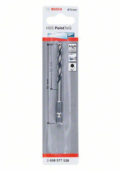 Bohrer von Bosch, HSS PointTeQ, 5 mm. Geeignet für Metall und Holz. Länge: 91 mm. Mit hexagonalem Schaft für schnellen Bit-Wechsel.