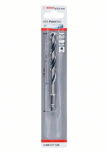 'Bosch HSS PointTeQ' Bohrer, 9,5 mm Durchmesser, 125 mm lang, in transparenter Verpackung mit Produktinformation.