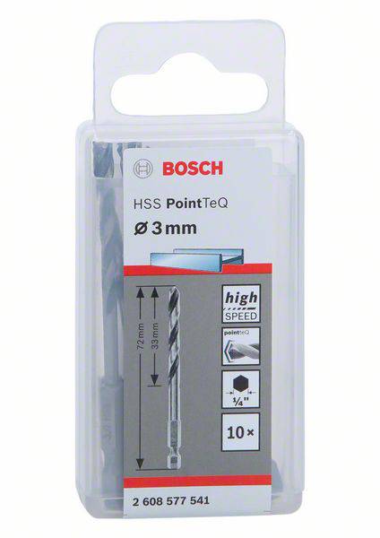 Bohraufsatz 'HSS PointTeQ 3 mm' von Bosch in Plastiketui, geeignet für Metallarbeiten, enthält 10 Stück mit hoher Geschwindigkeit.