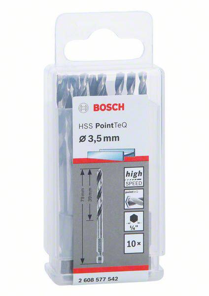 Bohrerpackung von Bosch, HSS PointTeq, Durchmesser 3,5 mm, für Metall. Verpackung zeigt 10 High-Speed-Bohrer unterschiedlicher Länge.