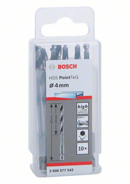 BOSCH HSS PointTeQ Metallbohrer, 4 mm, 10 Stück im Kunststoffbehälter.