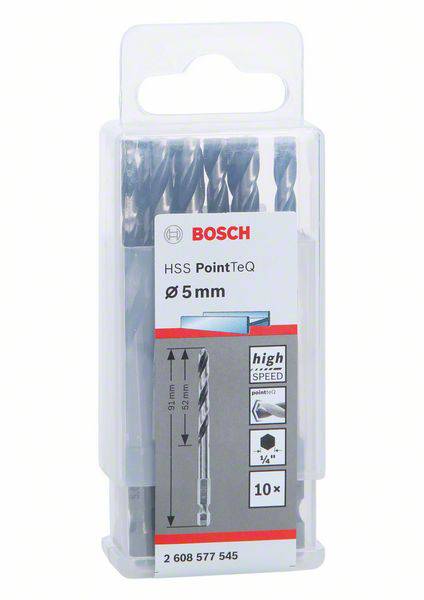 Bosch HSS PointTeQ Bohrer-Set, 5 mm, 10 Stück, in Plastikverpackung. Geeignet für Metall, Holz und Kunststoff, hohe Geschwindigkeit.