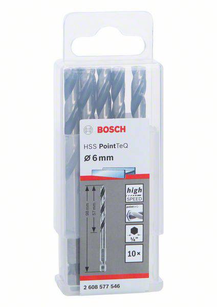 Bohrerpackung von Bosch mit der Aufschrift 'HSS PointTeQ, Ø 6 mm, high speed'. Enthält 10 Bohrer in einer transparenten Box.