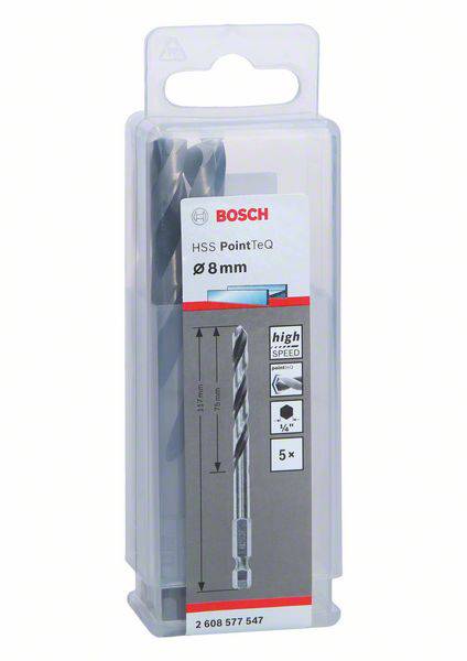 'Bosch HSS PointTeQ Metallbohrer' in Verpackung, Durchmesser 8 mm, Set aus 5 Bohrern, geeignet für Metall, präsentiert als High-Speed-Produkt.