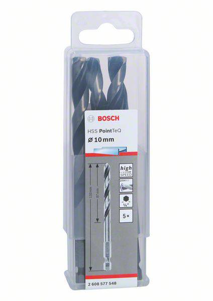 Verpackung mit fünf HSS PointTeQ Bohrern von 10 mm Durchmesser, Marke Bosch, blaues Design mit Produktinformationen in einem Kunststoffbehälter.