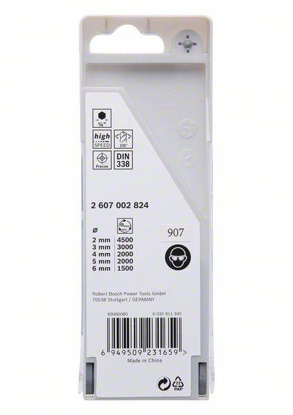 Rückseite einer Verpackung für Bohrer von Bosch. Enthält Spezifikationen wie Größen von 2 mm bis 10 mm und Herstellerinformationen.