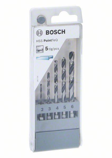 Ein Set von fünf Bosch HSS-Spiralbohrern in einer transparenten Verpackung mit Größen von 2 bis 6 mm, Punkt-TeQ-Technologie.