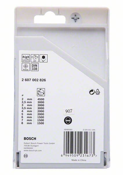 Die Abbildung zeigt eine Verpackung von Bosch HSS-Bohrern, geeignet für Metallarbeiten mit verschiedenen Durchmessern und Geschwindigkeiten.