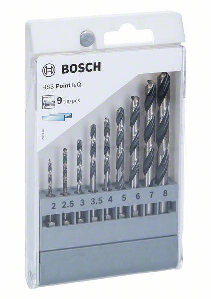 Verpackung eines 9-teiligen Bosch HSS PointTeQ Bohrer-Sets mit Größen von 2 bis 8 mm, geeignet für Metallbearbeitung.