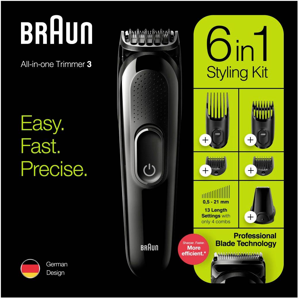 Braun MGK3225 Haarschneider, Bartschneider, Rasierer, Präzisions Trimmer abwaschbar Schwarz