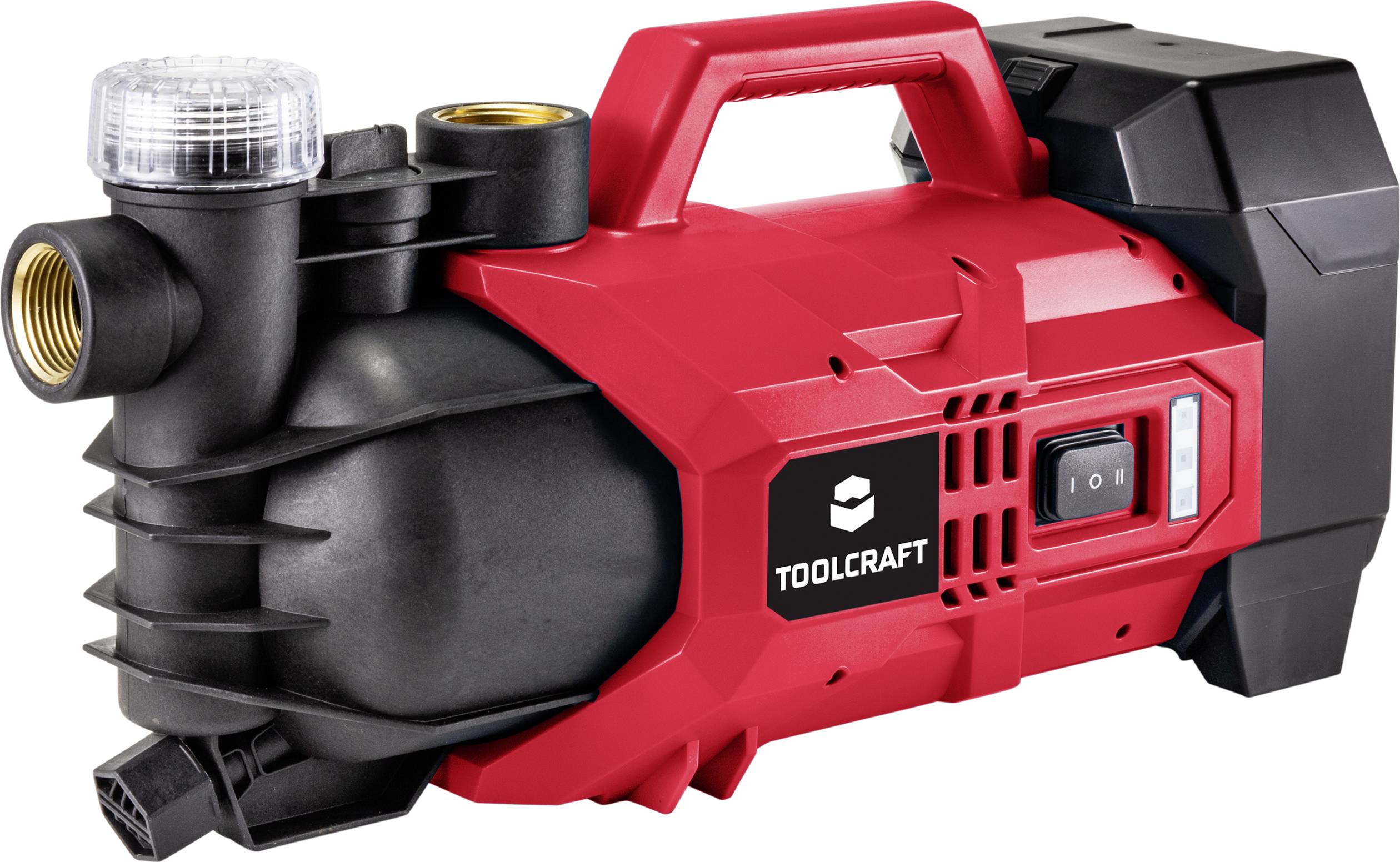 Rote und schwarze Wasserpumpe mit einem Tragegriff und einem Schalter an der Seite, mit der Aufschrift 'TOOLCRAFT'.