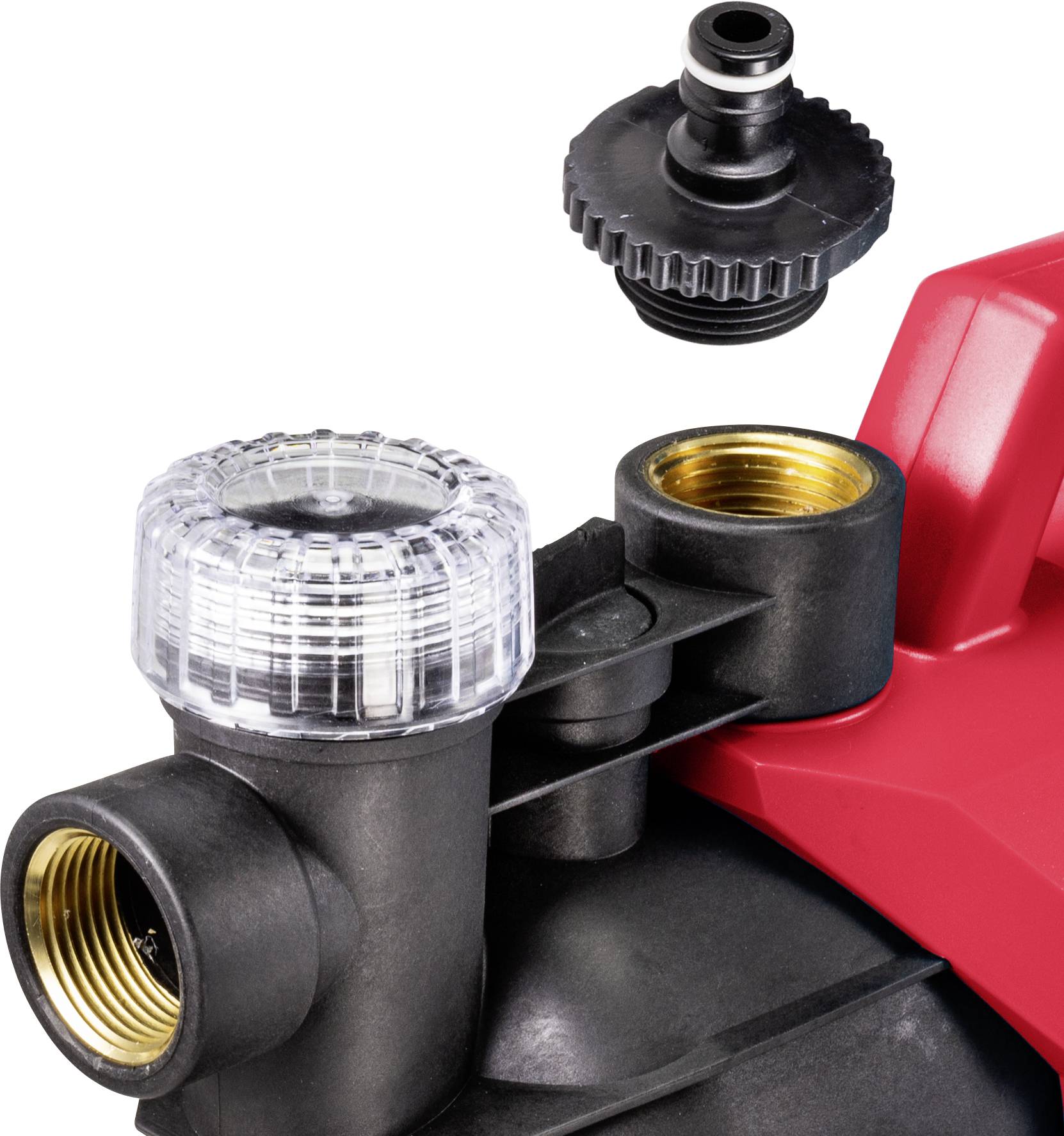 Kunststoffanschlüsse für eine rote Wasserpumpe, mit einem abnehmbaren schwarzen Adapter auf weißem Hintergrund dargestellt.