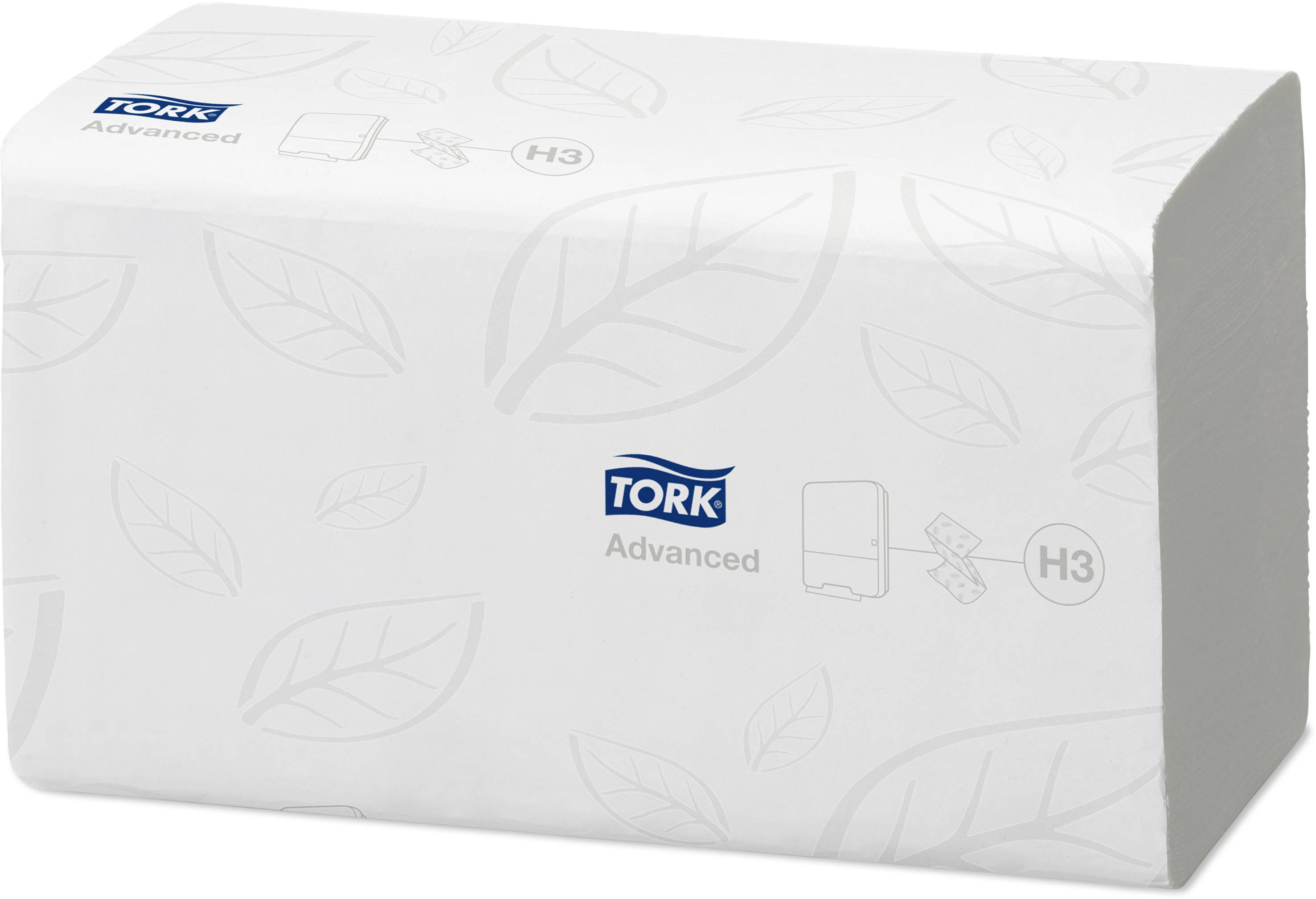 Papierhandtuchpaket der Marke 'Tork Advanced'. Rechteckig, in weißer Verpackung mit Blattmuster und blauer Markenaufschrift.