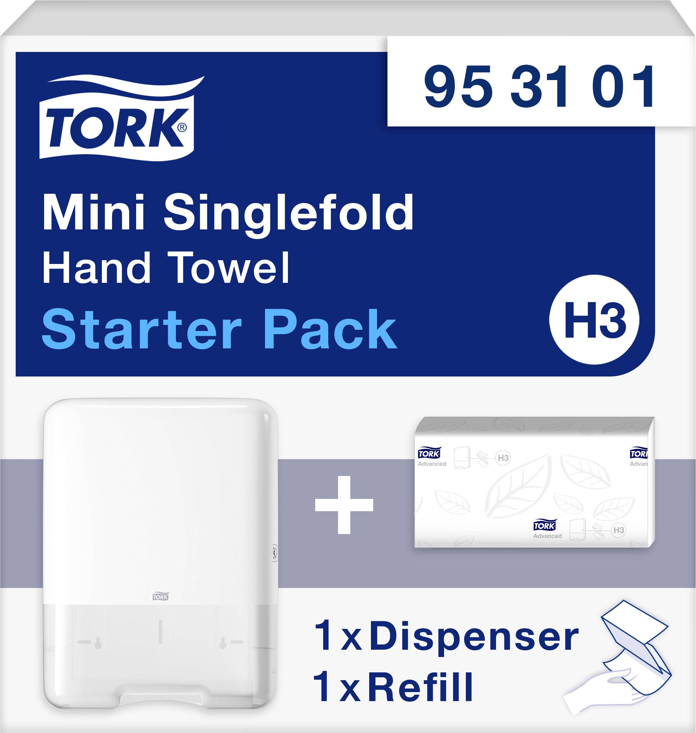 'Starter Pack' mit einem Tork 'Mini Singlefold Hand Towel' Spender und Nachfüllung. Enthält 1 Spender und 1 Nachfüllpackung.