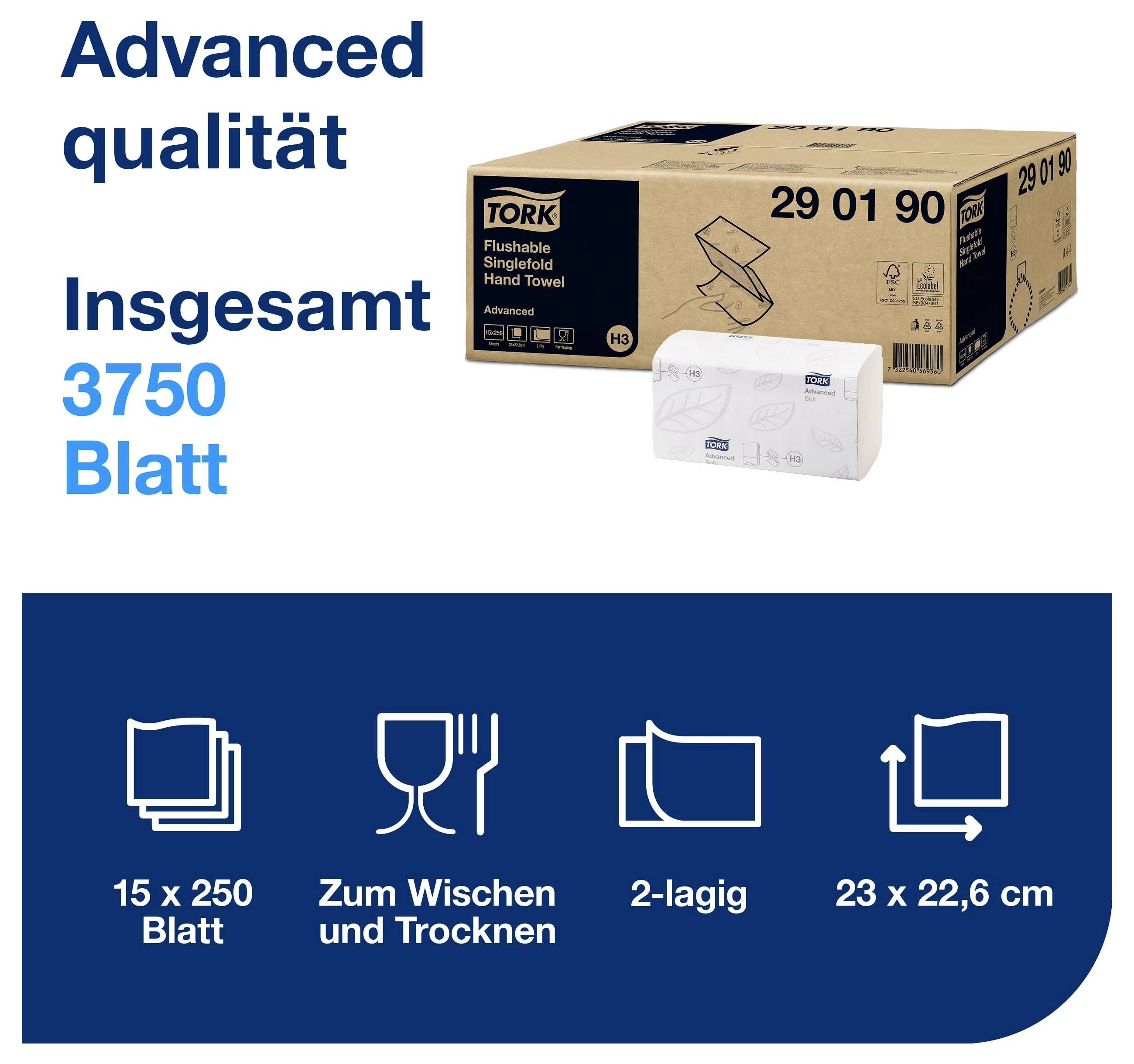 Werbegrafik für Tork-Handtücher: 'Advanced Qualität', insgesamt 3750 Blatt; 15 x 250 Blatt, zum Wischen und Trocknen, 2-lagig, 23 x 22,6 cm.