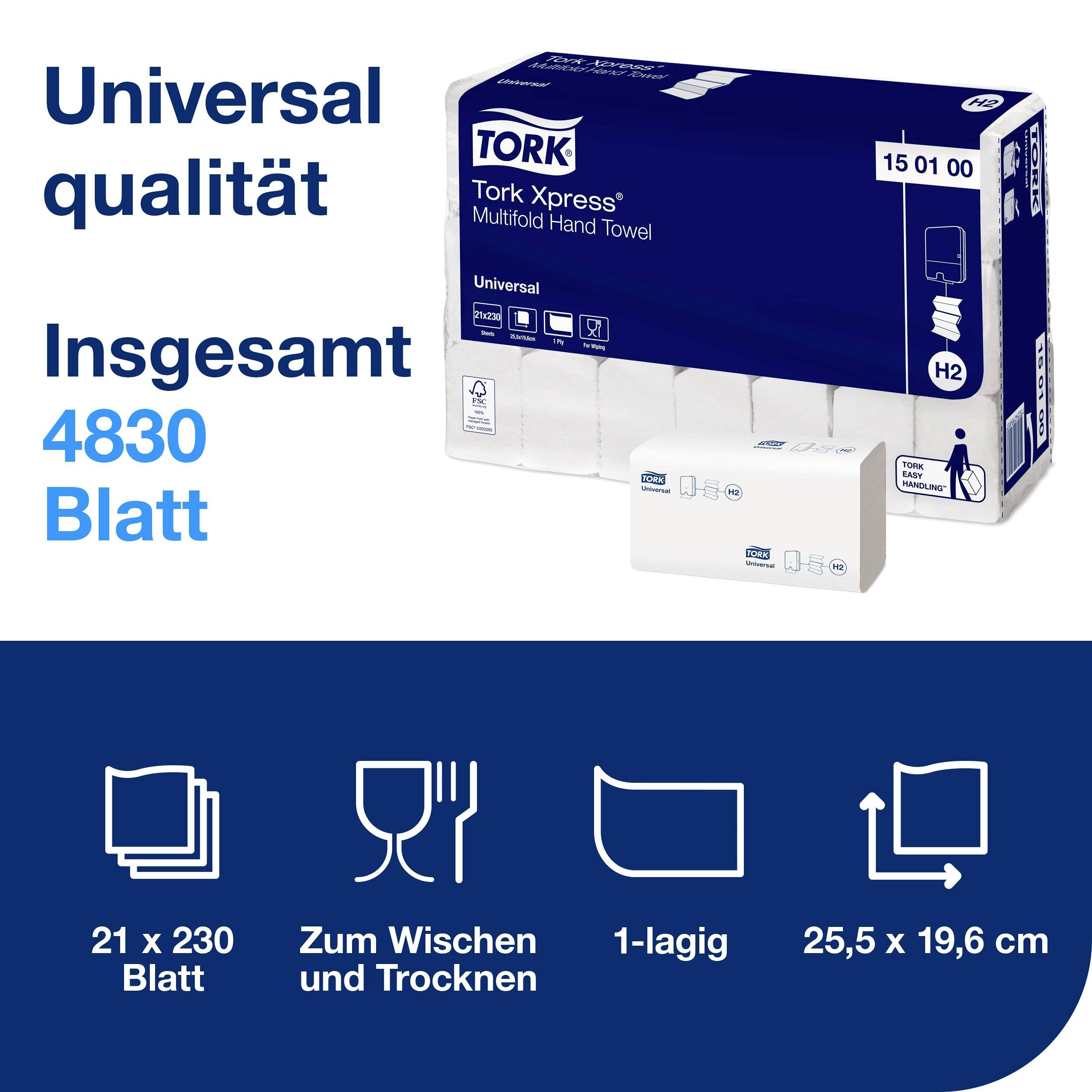 Verpackung von Tork Xpress Multifold Handtuch mit 15.01.00 Artikelnummer. Gesamtmenge: 4830 Blatt. Produktbilder und Piktogramme darunter.