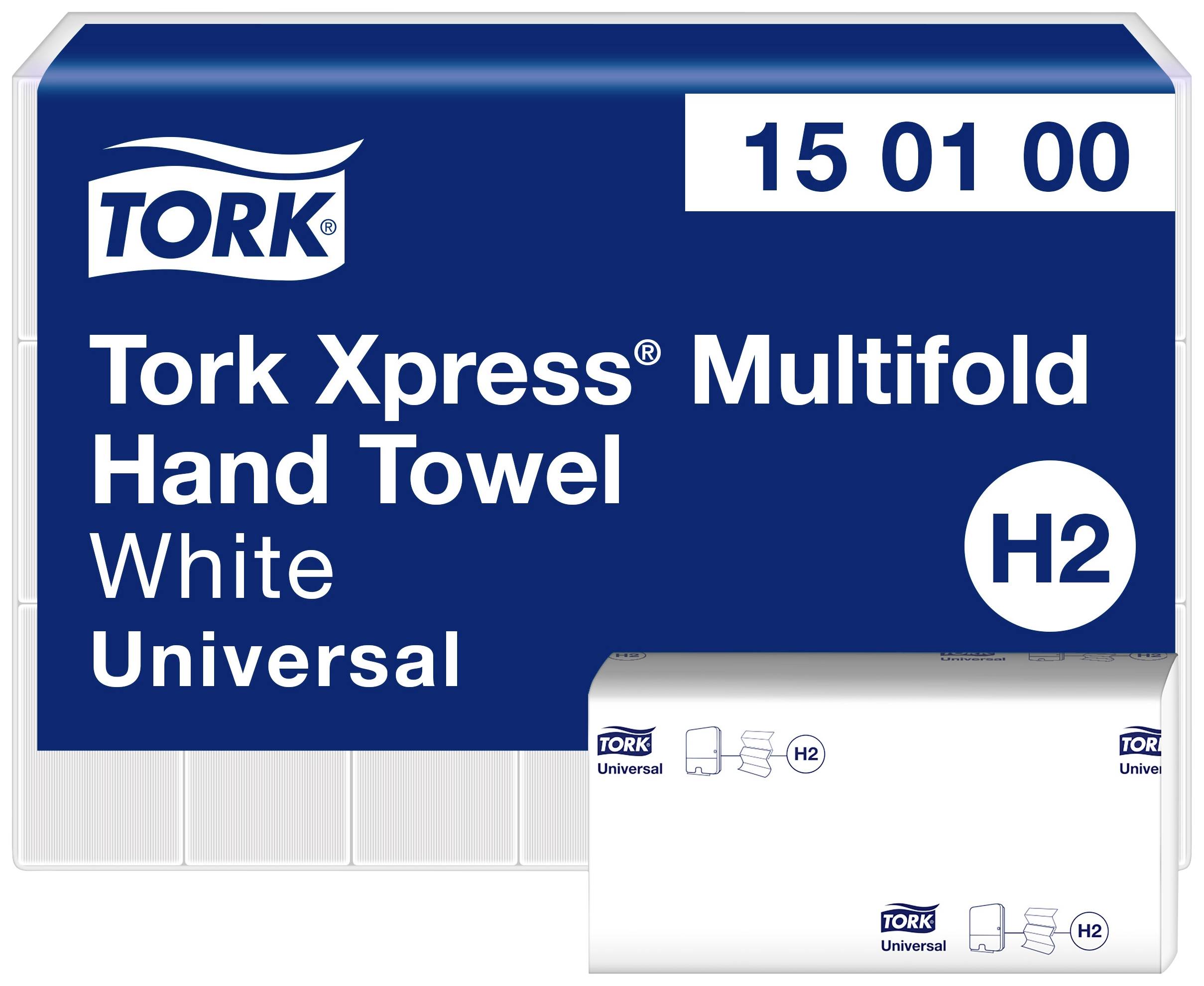 Tork Xpress Multifold Hand Towel White Universal, Modellnummer 15 01 00, H2 Kompatibilität, auf der Verpackung abgebildet.