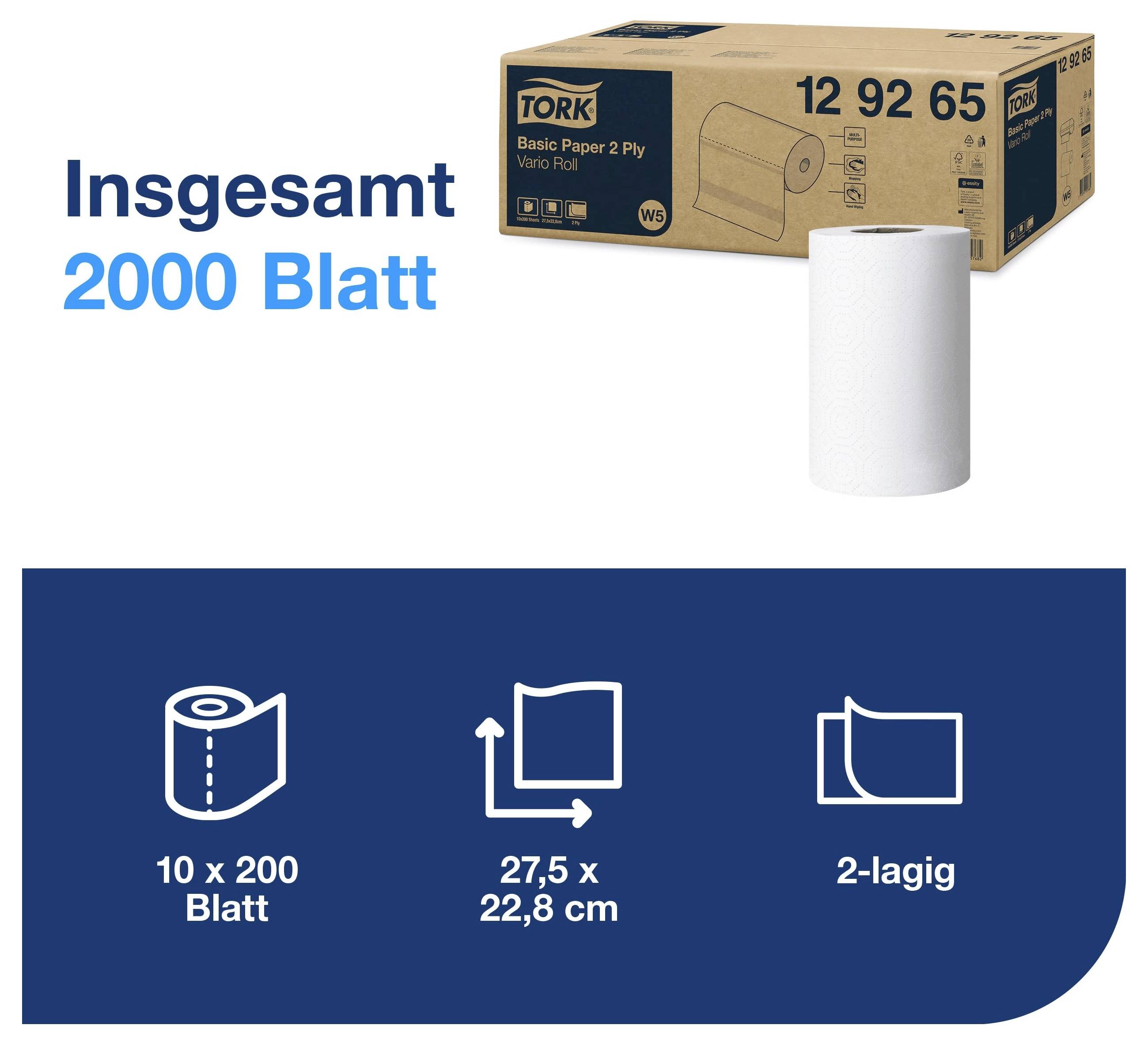 Tork Basic Papierrolle, 12er-Pack mit insgesamt 2000 Blatt, 2-lagig, Blattgröße 27,5 x 22,8 cm, 10 x 200 Blatt pro Rolle.