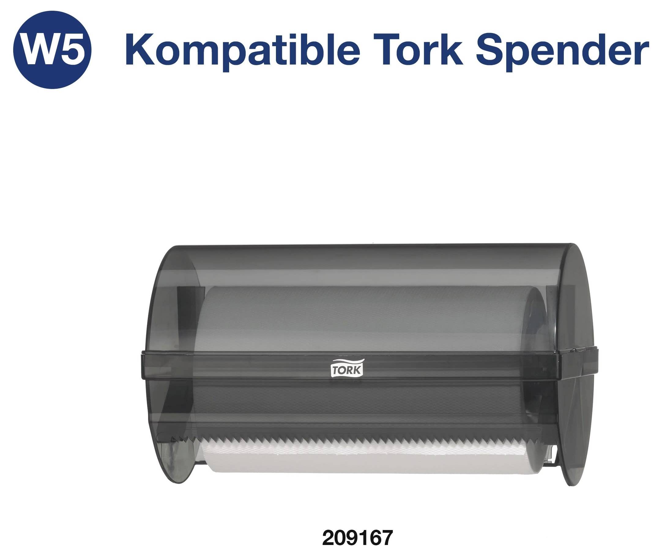 Schwarzer W5-Spender für Tork-Papierrollen, Produktnummer 209167, mit transparenter Abdeckung.