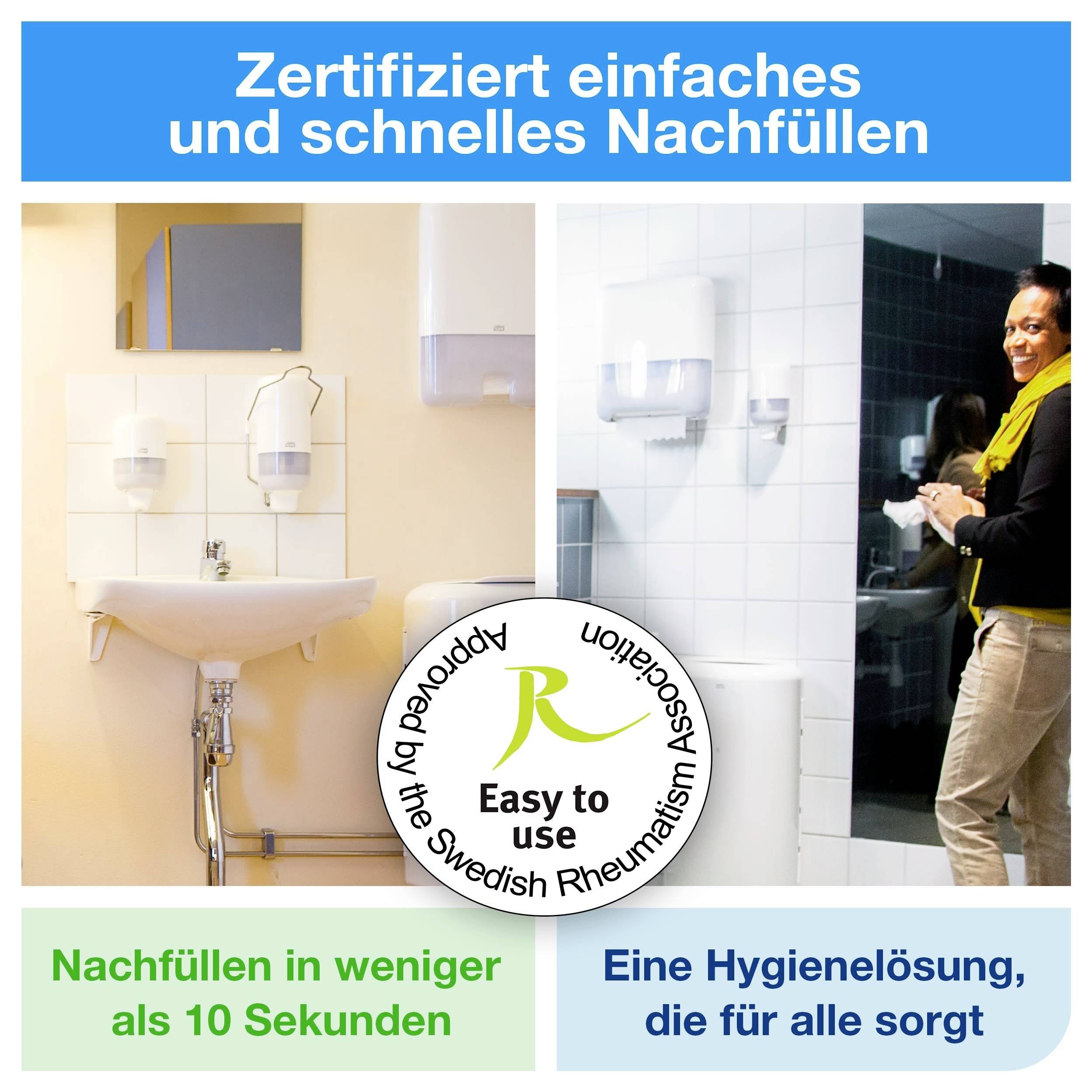 Werbeplakat mit Waschraum und Händedesinfektionsspendern: 'Zertifiziert einfaches und schnelles Nachfüllen', 'Nachfüllen in weniger als 10 Sekunden', 'Eine Hygienelösung, die für alle sorgt'