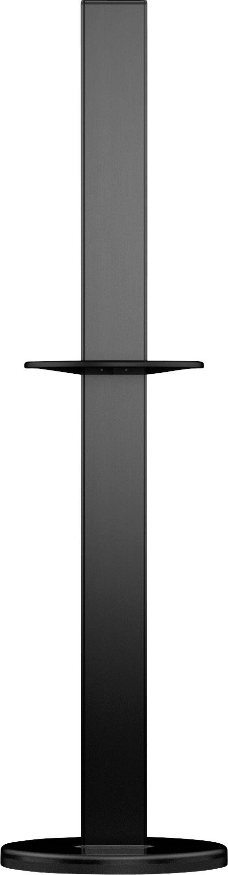 Ein schwarzer, schlanker Lautsprecherständer mit runder Basis und rechteckiger Stange, geeignet für die Platzierung eines Lautsprechers.