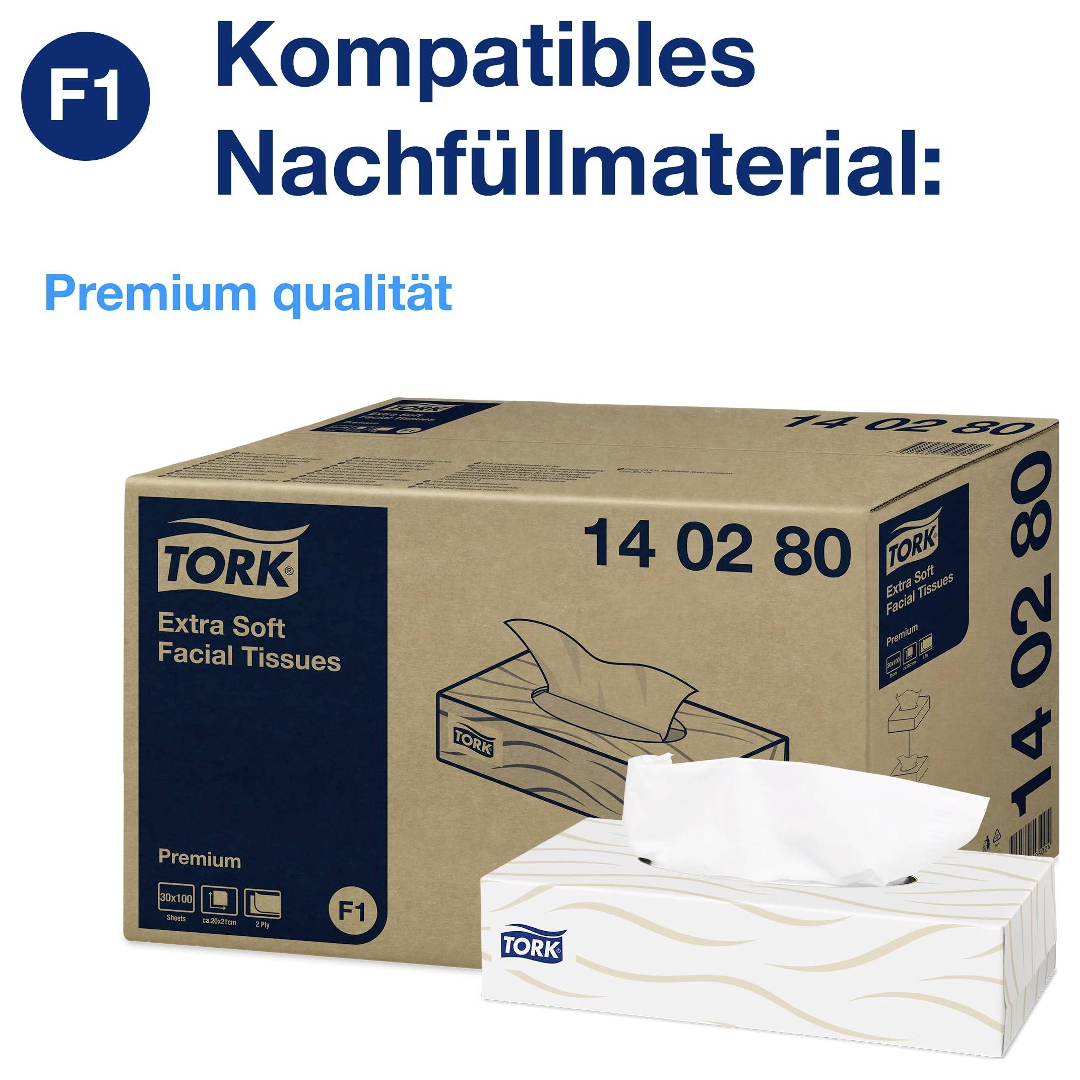 Werbeabbildung für Tork F1 kompatibles Nachfüllmaterial: Premium-Soft-Facial-Tissues in Karton und Spenderbox, mit Produktnummer 14 02 80.
