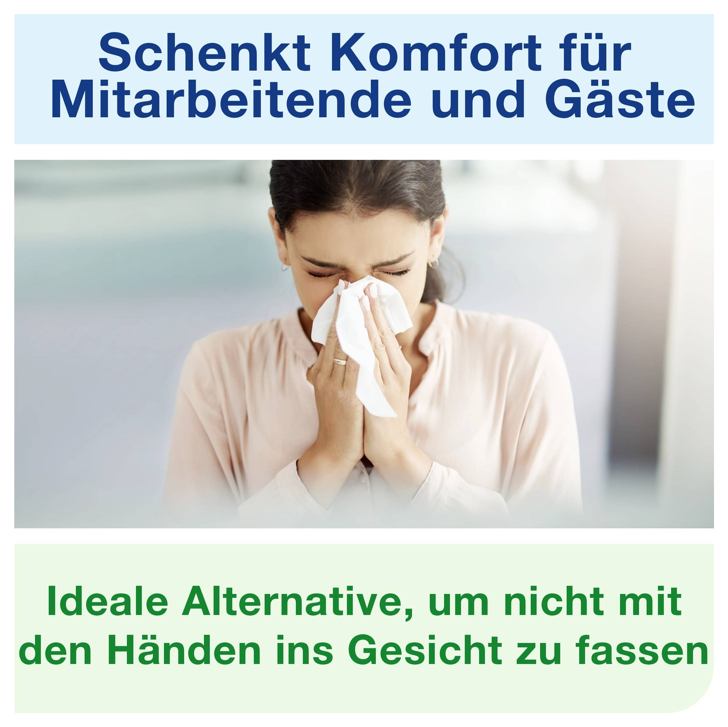Werbeplakat mit Frau, die sich die Nase mit einem Taschentuch putzt; Text: 'Schenkt Komfort für Mitarbeitende und Gäste' und 'Ideale Alternative, um nicht mit den Händen ins Gesicht zu fassen'.
