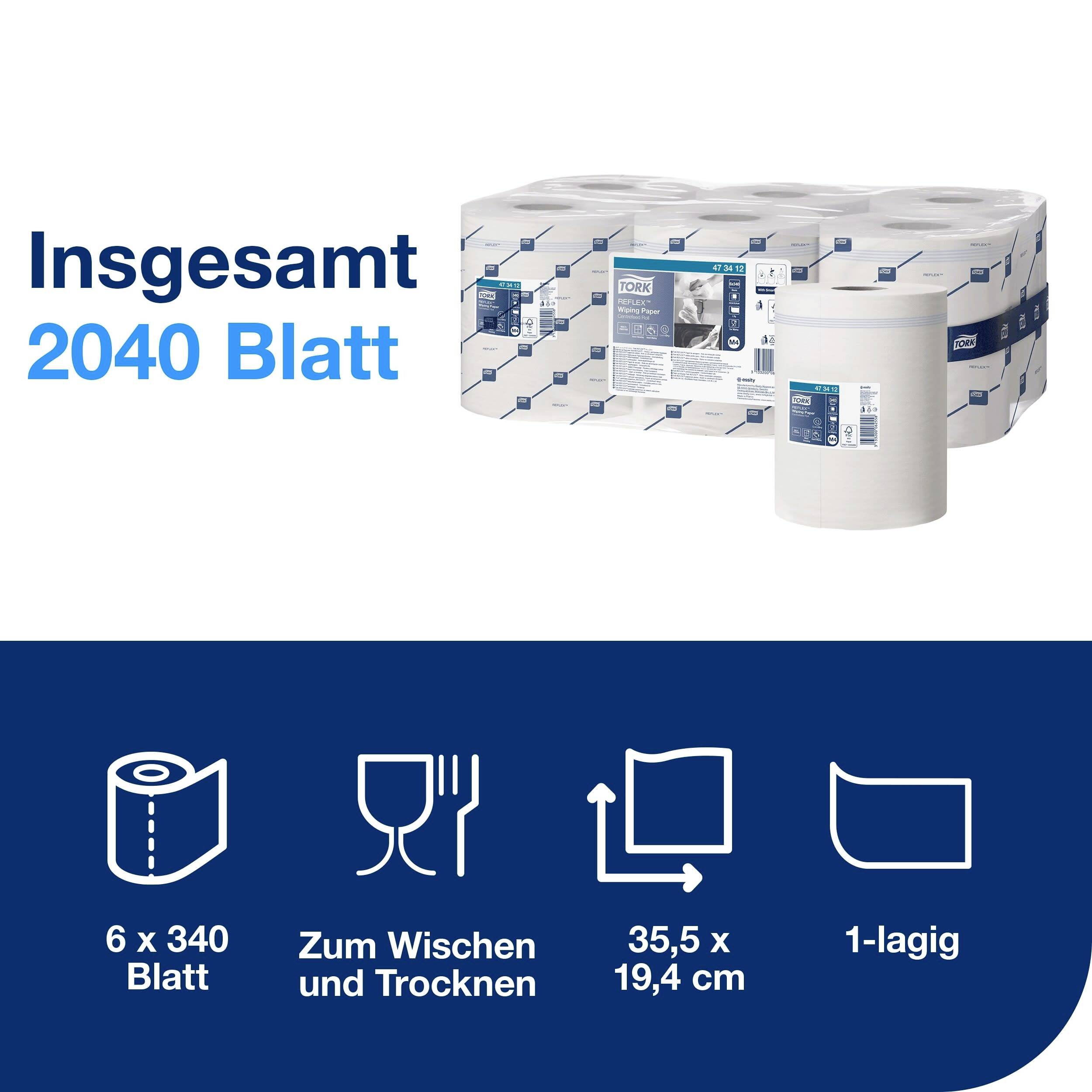 Sechs Rollen Papier mit insgesamt 2040 Blatt, geeignet zum Wischen und Trocknen, Größe 35,5 x 19,4 cm, 1-lagig.