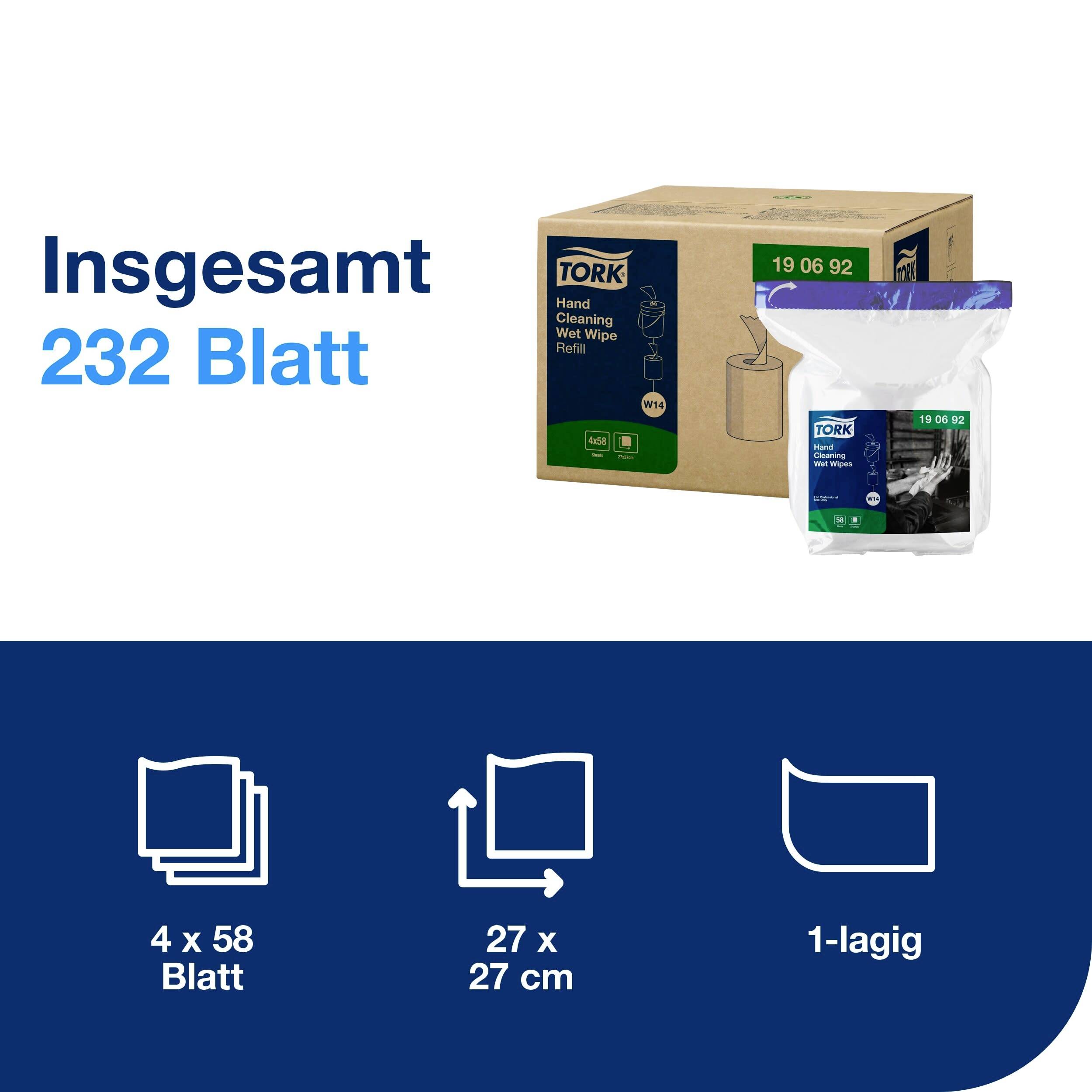 Insgesamt 232 Blatt; Tork Handreinigungstücher, 4 Packungen mit je 58 Blatt; Maße 27 x 27 cm; 1-lagig.