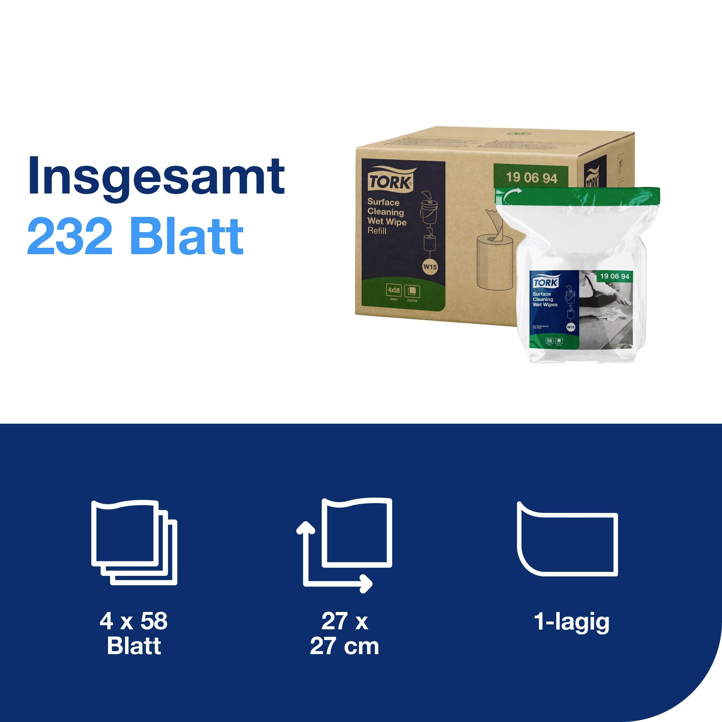 Insgesamt 232 Blatt. Packung Tork Oberflächen-Reinigungstücher. 4 x 58 Blatt, 27 x 27 cm, 1-lagig.