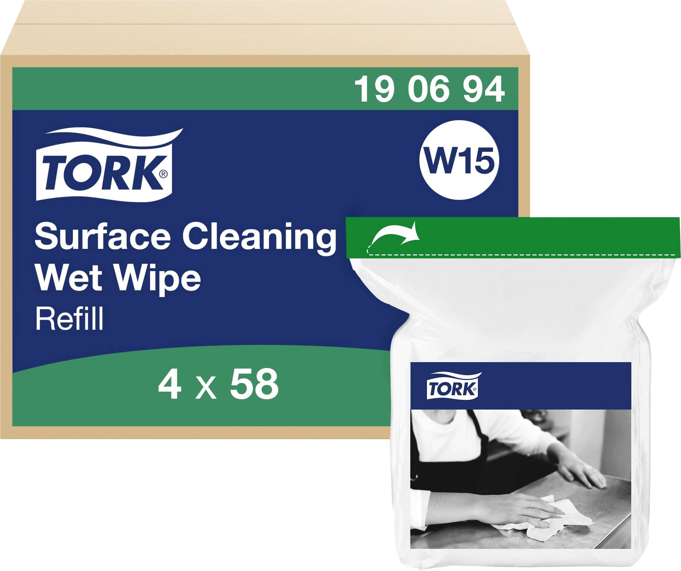 Kartonschachtel mit Aufschrift 'Tork Surface Cleaning Wet Wipe Refill', daneben Nachfüllpackung mit Reinigungstüchern, zwei Hände reinigen Tisch.