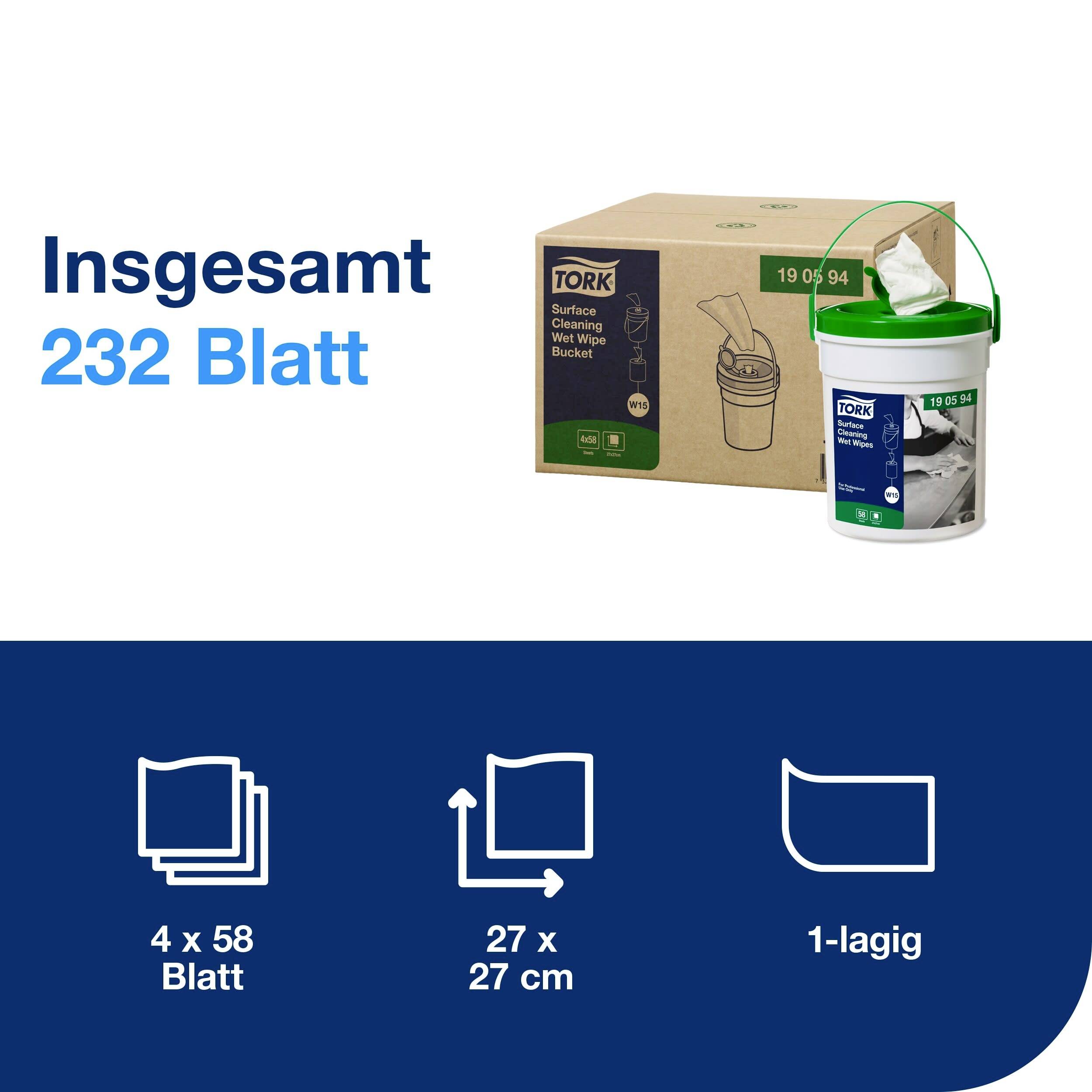 Produktbild eines Tork Tücher-Eimers mit Kartonverpackung. Aufschrift: 'Insgesamt 232 Blatt', 4 Packungen, 27 x 27 cm, 1-lagig.