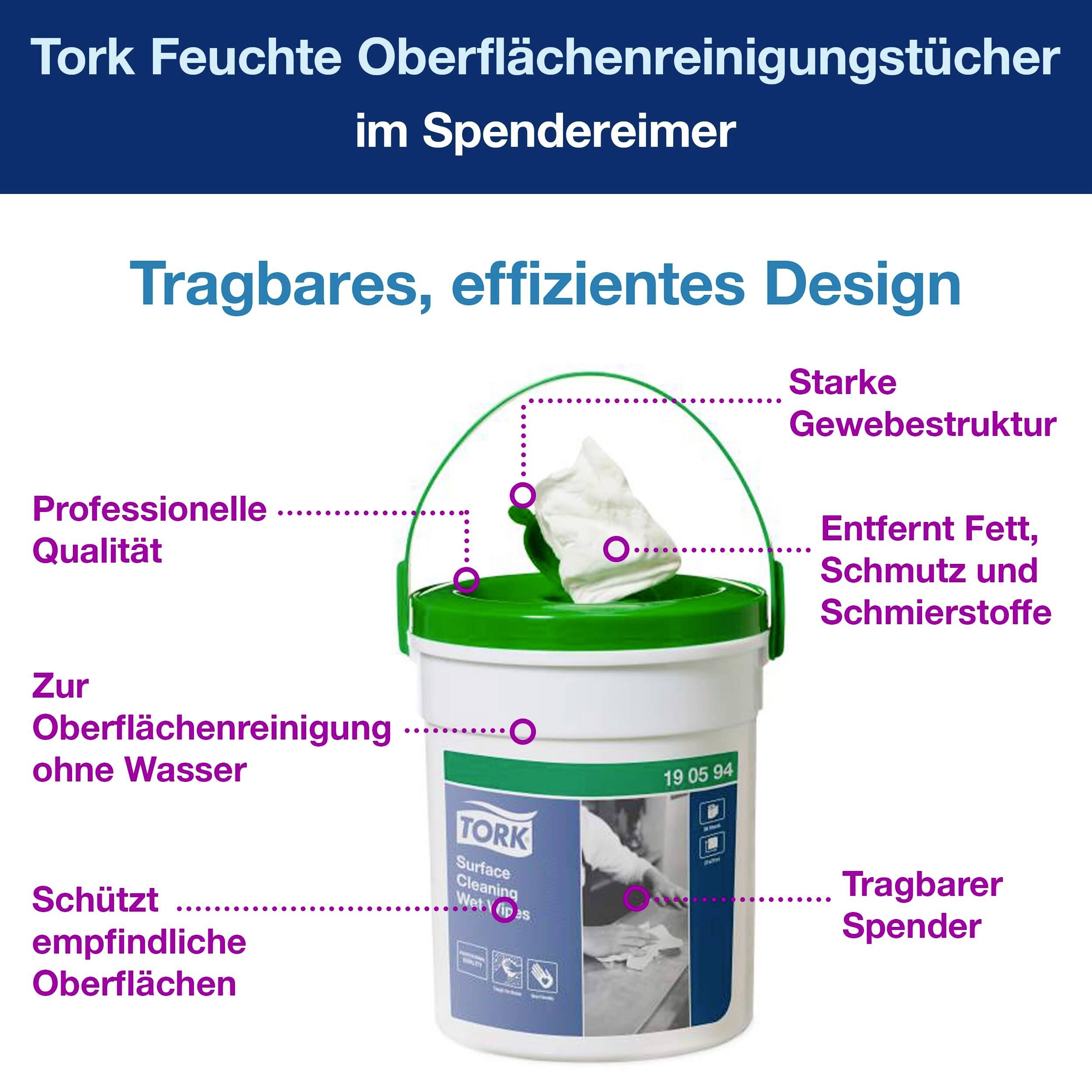 Ein Eimer Tork Feuchttücher mit grünem Tragegriff. Text: 'Tragbares, effizientes Design', 'Schützt empfindliche Oberflächen', 'Starke Gewebestruktur'.