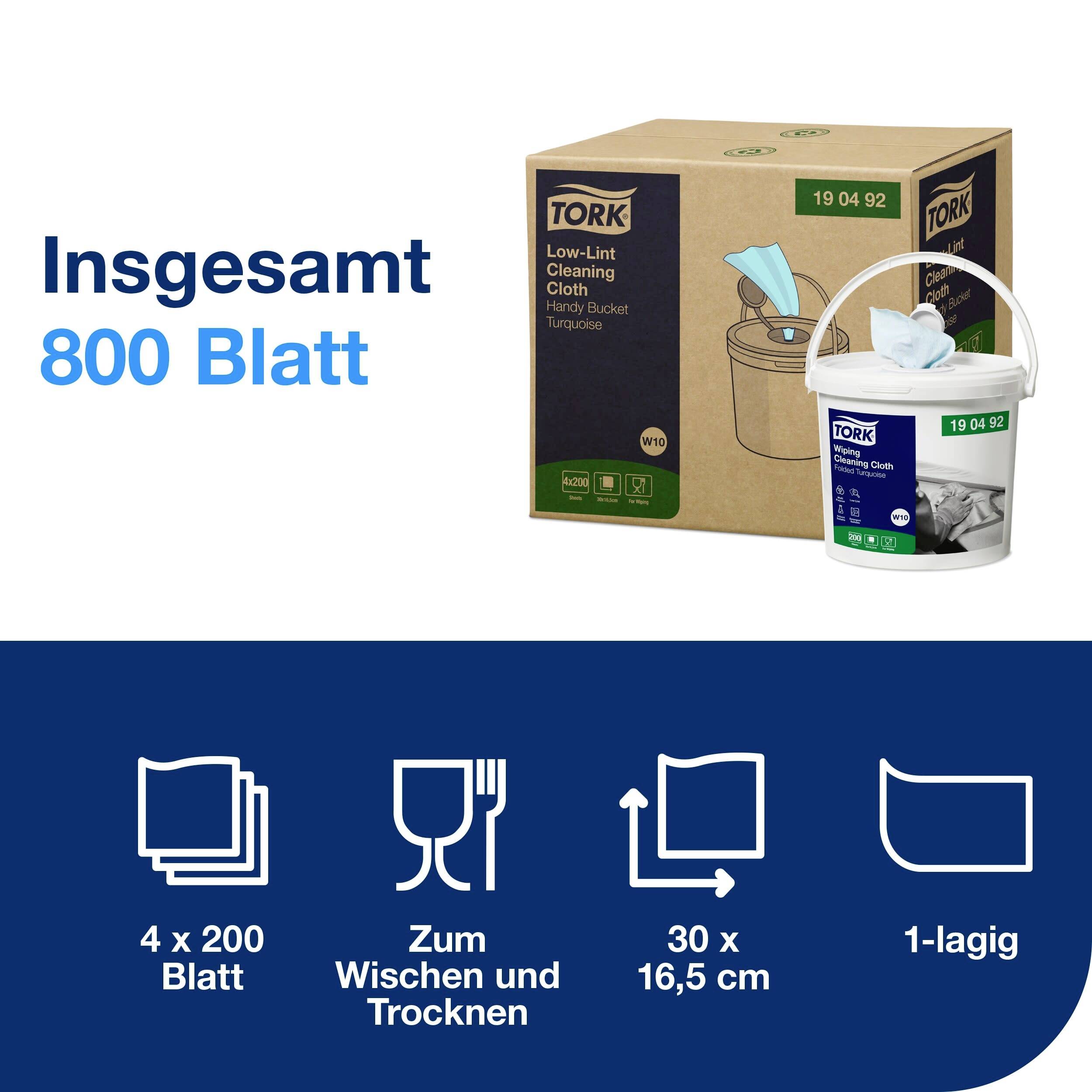 Verpackung von Tork Reinigungstüchern mit 800 Blättern, 4 Packungen à 200, für Reinigung und Trocknung, 30 x 16,5 cm, 1-lagig.