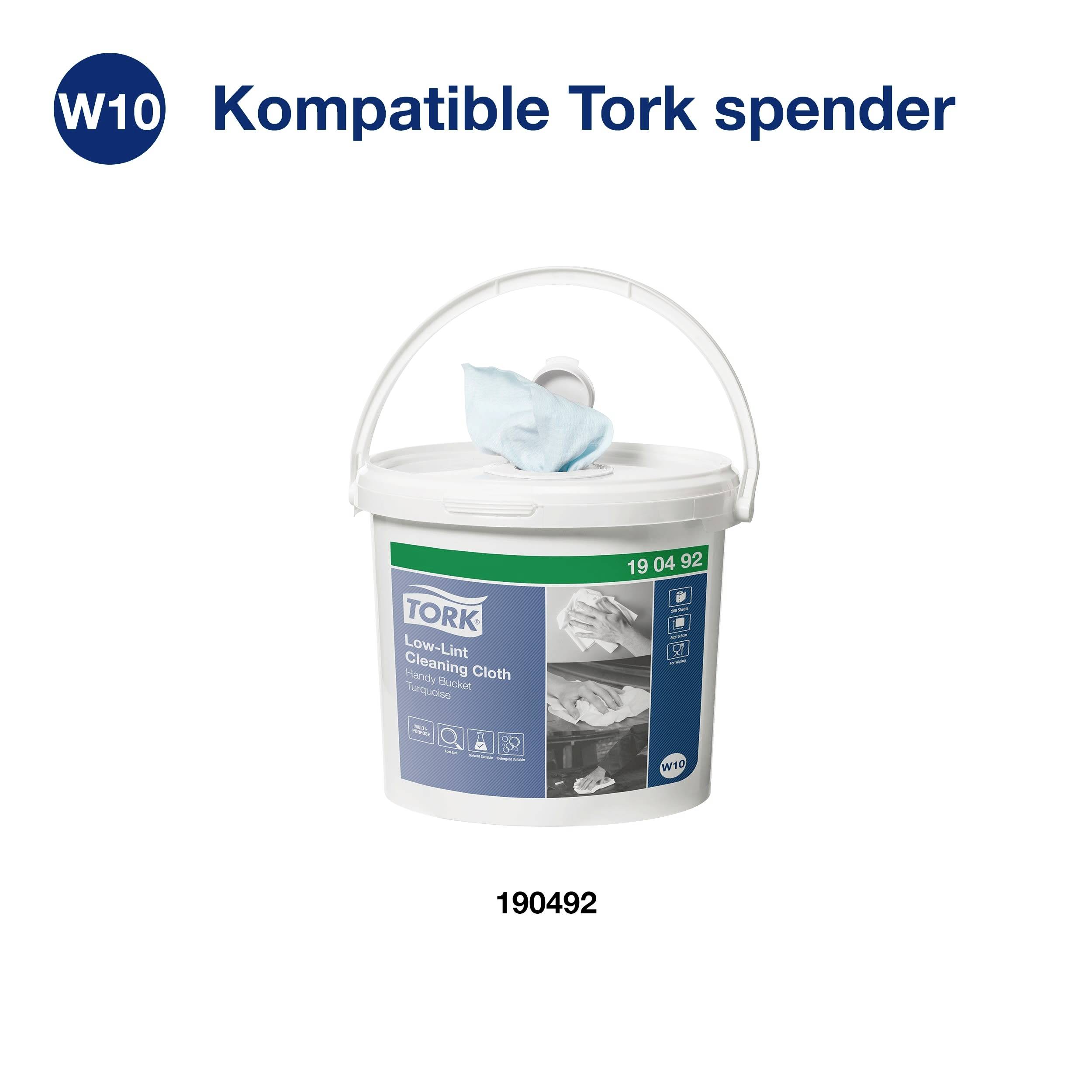 Ein weißer Eimer mit Tork Reinigungswischtüchern und einem blauen Tuch, beschriftet mit '190492' und 'Kompatible Tork spender'.