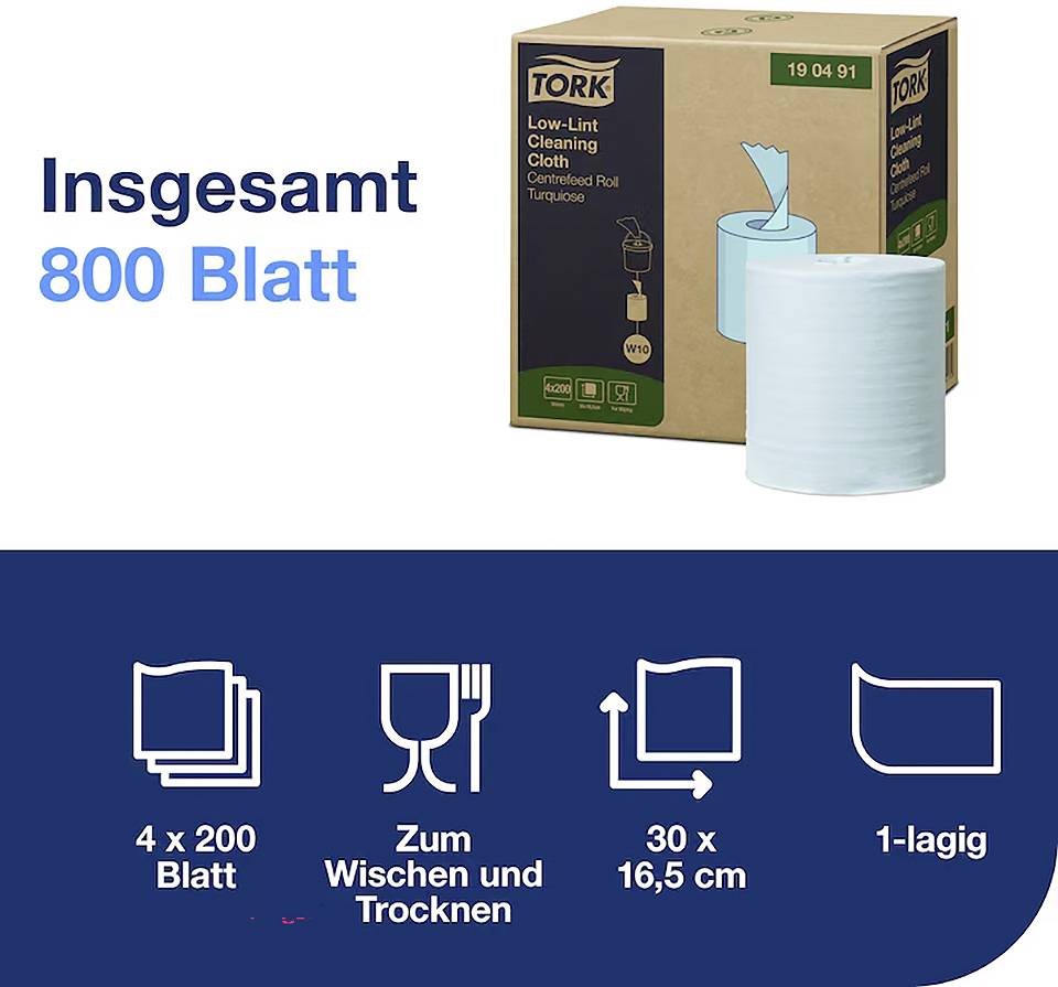 'Insgesamt 800 Blatt' in blauer Schrift neben einer Box und einer Rolle Tork Low-Lint Reinigungstuch. Vier Symbole darunter: '4 x 200 Blatt', 'Zum Wischen und Trocknen', '30 x 16,5 cm', '1-lagig'.