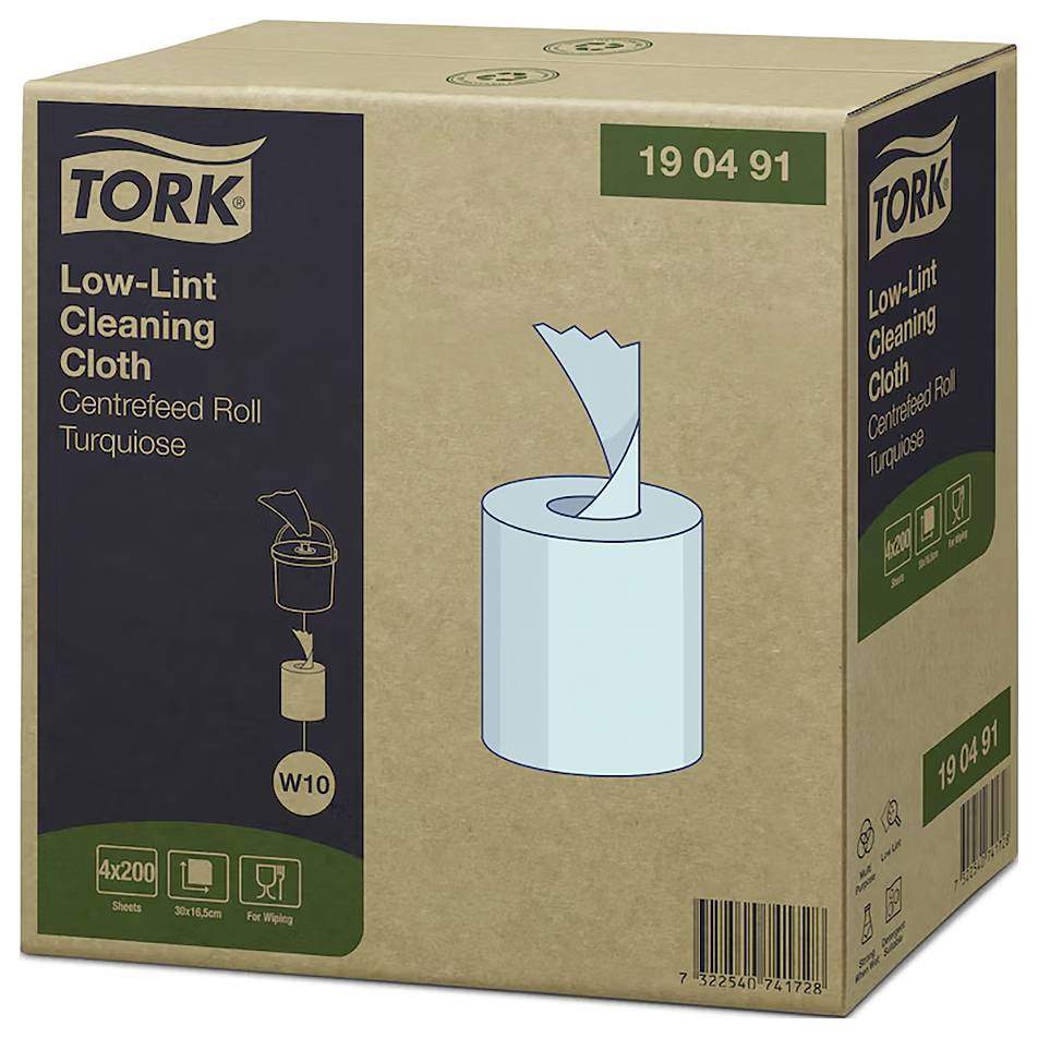 Brauner Karton mit Aufschrift 'Tork Low-Lint Reinigungstuch', zeigt eine türkisfarbene Rolle mit herausziehbarem Tuch. Produktcode: 19 04 91.